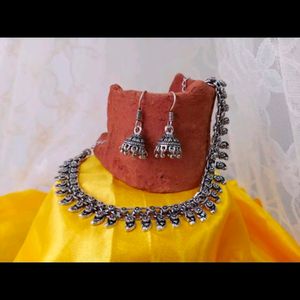 Oxidised Necklace Set With Jhumka Earrings