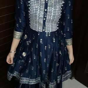 Festive Women Blue Thread Embroidery Printed Suit