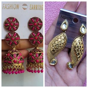 2 Pink And Golden Earrings Set