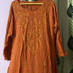 Rust Orange Rayon Mukaish Chikankari Kurta