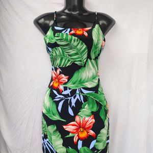 Black Tropical Mini Dress With Criss Cross Back
