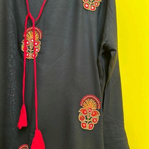 Embroidered Black Kurti With Front Tie Up