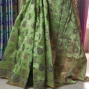 Women Saree Green Polycotton With Stitched Blouse