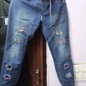 Blue Denim Loffer, Jogger with Cut Patches