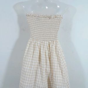 Beige and White Smocked Dress