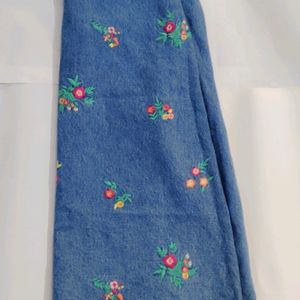 Denim Skirt With Embroidered Flowers