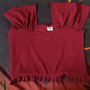 Maroon Crop Top With Ruched Sleeve