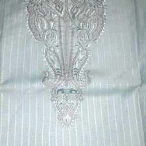 Light Sea Green Color Men's Cotton Kurta With Embroidery On Collar and Neck