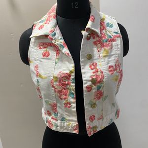 Floral Denim Crop Jacket (Sleeveless)