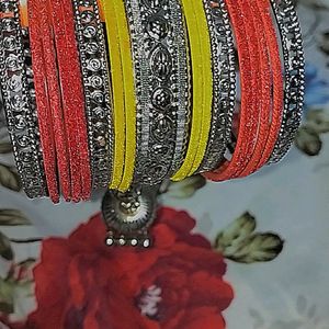 Bangles Silver and Yellow/Red Design In So Amazing