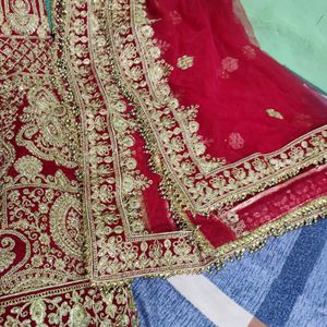 Fish Cut Bridal Red Velvet Lahenga