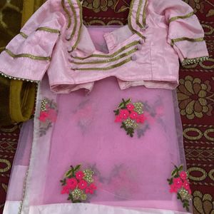 Baby Pink Colour Saree No Flow Dark Pink Flowers Printed Stich Blouse