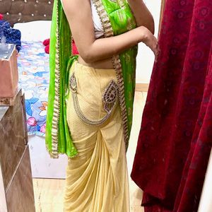 Parrot Green Pleated Saree With Blouse