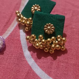 Green fabric earrings with gold Ghungroo