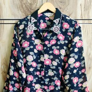 Pink Flower Black Shirt Size-42