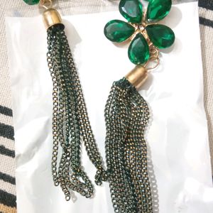 Long Green Stone Earrings With Nail polish