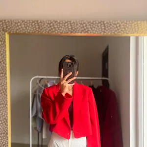 Mandarin Collar Long Sleeve Red Crop Blazer