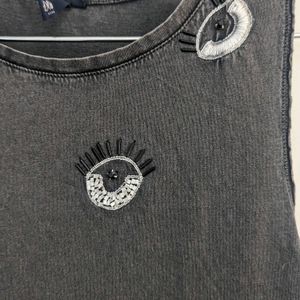 Grey Long Tshirt With Embellished Eye Motifs