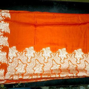 Bright Orange Saree With Thin Silver Border