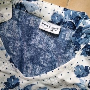 White With Navy Blue Floral Top Or Tunic