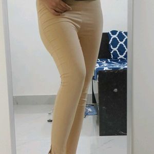 Golden Beige Cotton Ankle Length Leggings