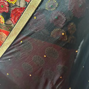 Black & Multicolour Print Anarkali With Dupatta