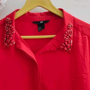 H&M Red Top For Girls With Stone Studded Collar