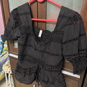 Greyish Black Puff Sleeves Crop Top