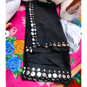 Black Mirror Embroidery Saree With Silver Blouse