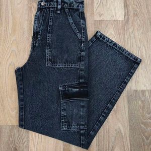 Charcoal Multi Pocket Wide Leg Denim