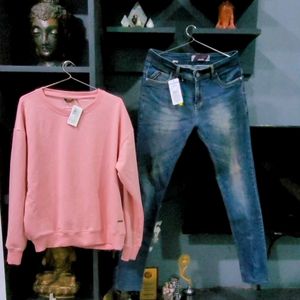 Pack 2 Quality Pink Sweatshirt&Stylish Denim Jeans