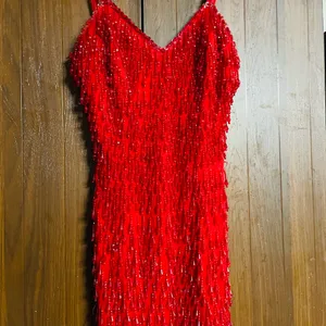 90s Red Beaded Fringe Prom Dress