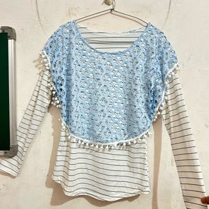 Ice Blue-white Full Sleeves Fitted Net Top