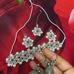 White Dimong Choker With Jhumka Set