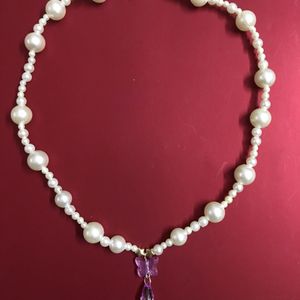 Pearl Bead W Butterfly&Teardrop Pendant Necklace