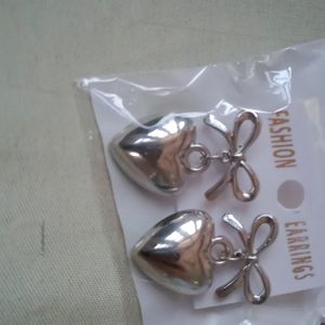 Cute Silver Bow Earrings With Heart