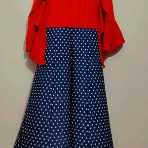 Red & Blue Dotted Print Dress For Girl 12- 14 Year