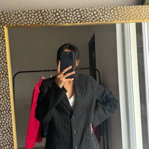 Single Breasted V Neck Pinstripe Long Blazer