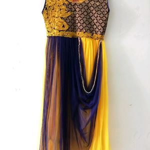 Yellow Blue Long Ethnic Dress For Women