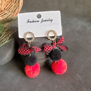 Bow With Pom Pom Earrings