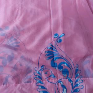 Pink With Blue Fabric Work Synthetic Saree