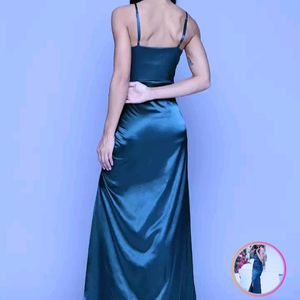 Cowl Neck Ruched Satin Slit Maxi Dress!!