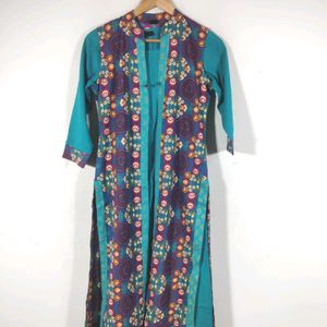 MD Sea Green Kurta With Printed Overcoat (Women)