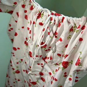 White_red Colour Flower Rose Printed Dress