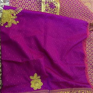 Silk Saree With Unstitched Machine Embroidery Blou