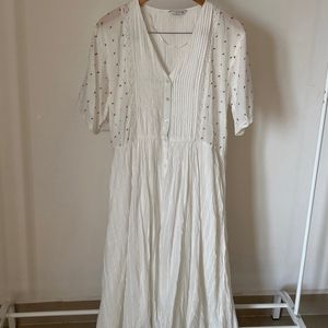 Embroidered White Linen Pleated Midi Dress