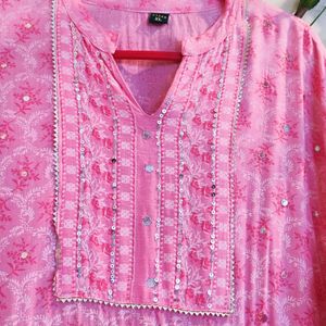 XL Pink And White Chikankari Ethnic 3 Piece Dress