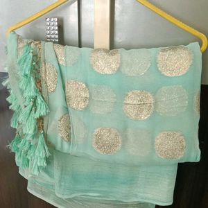 Sea Green Chiffon Saree With Golden Brocade.