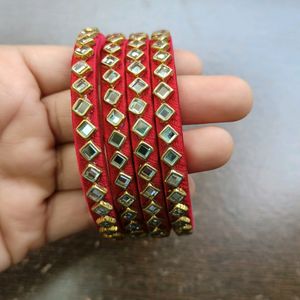 4 Red Bangles with Mirrored Detail