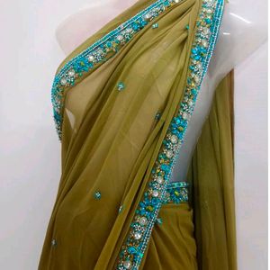 Olive Green Saree With Blue Zari Work On